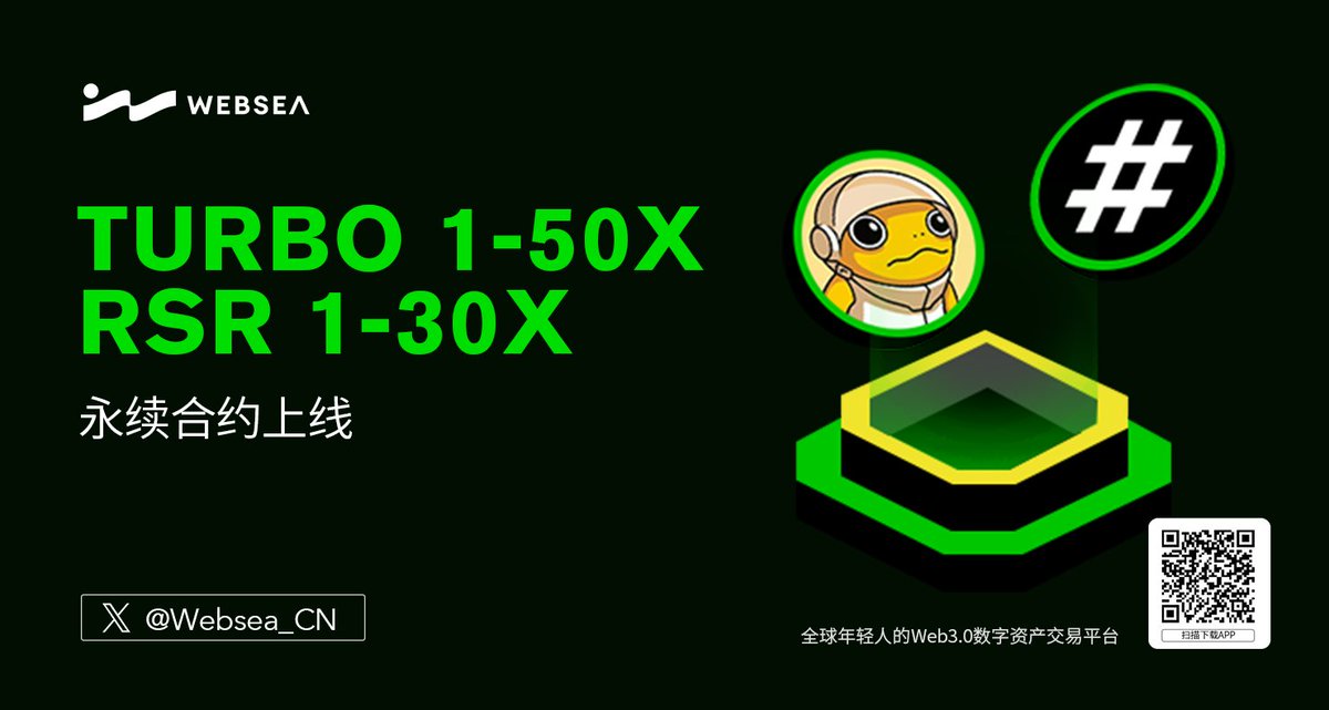Websea_CN's tweet image. 🥳新上线！

🚀 我们很高兴地宣布，#Websea 将推出 $TURBO 1-50倍USDT、$RSR 1-30倍USDT 永续合约! @TurboToadToken @reserveprotocol

📅 上线时间：6月7日 17:00 (GMT+8)

➡️ TURBO: websea.com/zh-CN/futures/…
➡️ RSR: websea.com/zh-CN/futures/…

🔍 详情: webseahelp.zendesk.com/hc/zh-hk/artic…