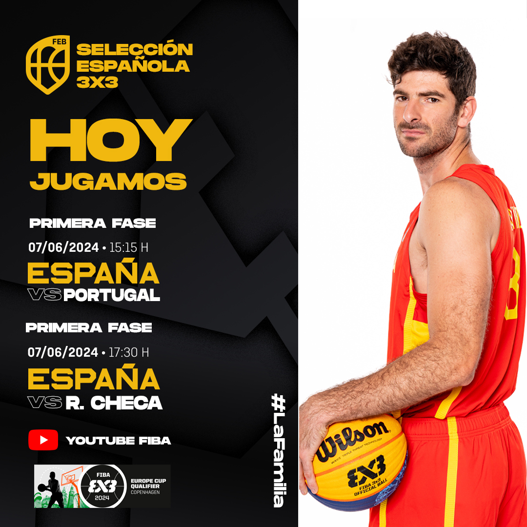 HOY comienza el reto de la #SelMAS3x3 🇪🇸 en el Preeuropeo ⚔️

🇪🇸🆚 🇵🇹
⏰ 15:15h

🇪🇸🆚 🇨🇿
⏰ 17:30h

🏆 Primera fase
📌 Conpenhague 🇩🇰
📺 Youtube <a href="/FIBA3x3/">3x3 Basketball | FIBA3x3</a>

#LaFamilia #SomosEquipo