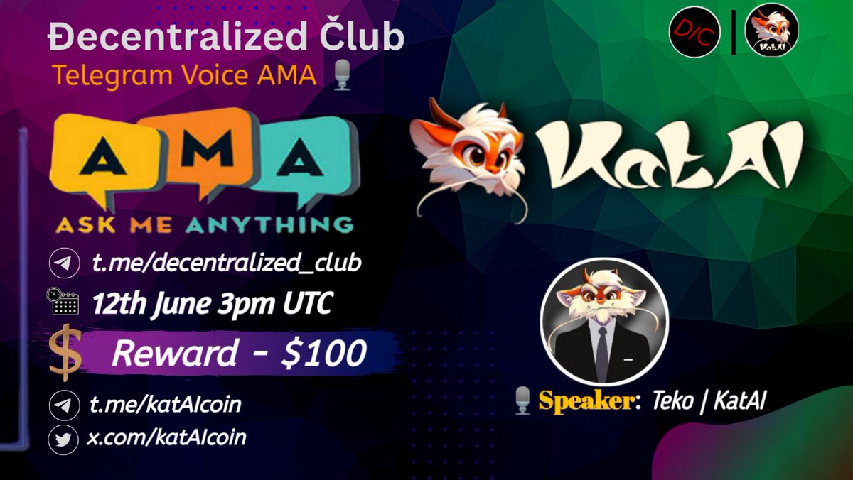 dens_club's tweet photo. DC Presenting a #TelegramVoice_AMA🎉

📌 Venue : https://t.co/5b2oGGVkql
⏰ When : 12th June 3pm UTC 
🤑 Reward : $100

10 winners will get $10 Reward each.
Twitter (5) &amp; Live asking (5)

1⃣ Follow @katAIcoin
2⃣ Like &amp; RT &amp; Tag 3 Friends 
3⃣ Post your questions. https://t.co/GOi7dPpNBI
