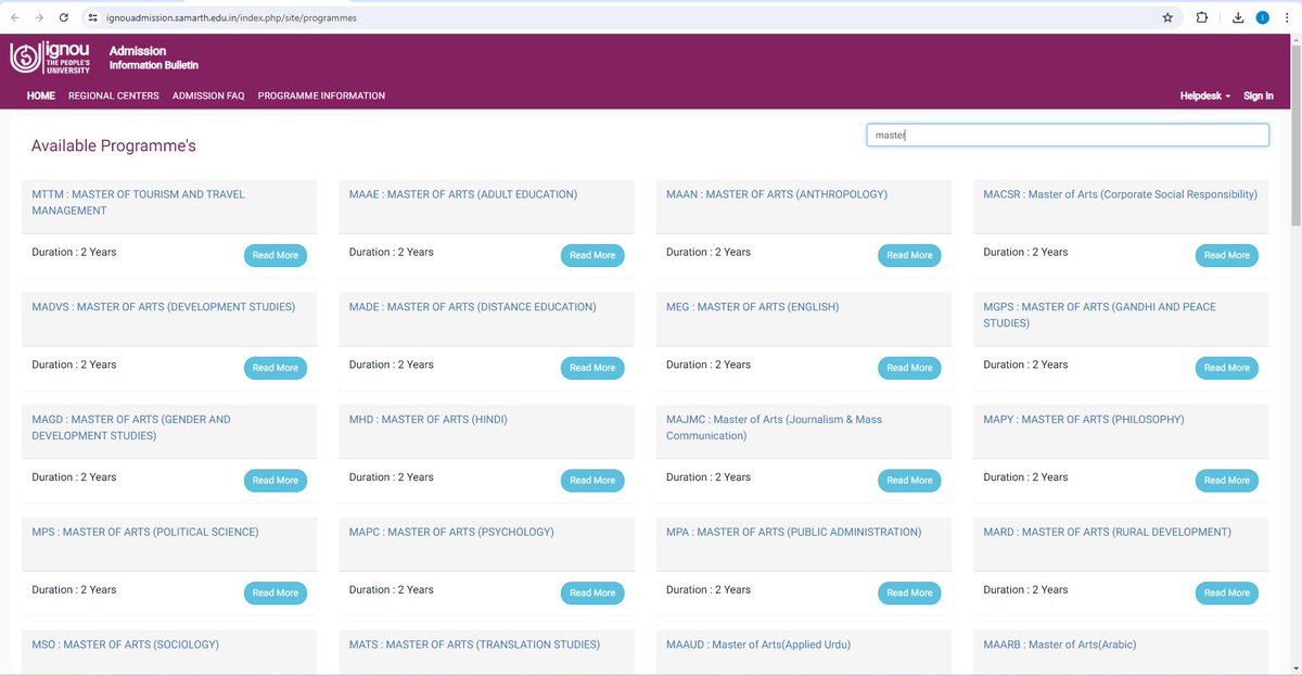 IGNOU is offering 72 Master Programmes in July, 2024 Session including MBA/MCA professional programmes and also MA/MSc in various subjects

ignouadmission.samarth.edu.in/index.php/site…