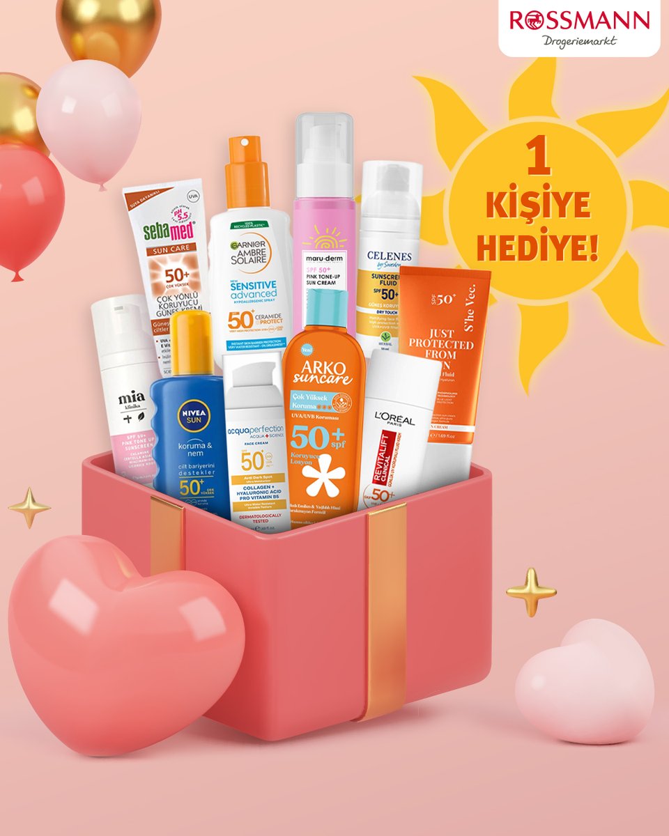 Güneş bakım ürünlerinden oluşan set 1 kişiye hediye! ☀️ 😎
Yapman gerekenler çok basit:
💫 <a href="/RossmannTurkiye/">Rossmann Türkiye</a>'yi takip et.
✌🏻 Bu tweeti RT'le.
📌Çekiliş sonuçları 5 Temmuz tarihinde açıklanacaktır. 🤩