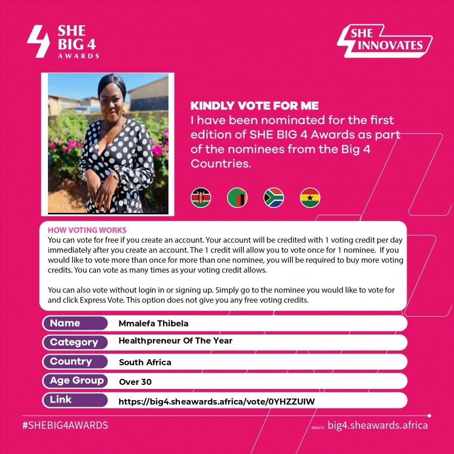 Lefazo92's tweet photo. I have been nominated to receive the SHE award under the healthpreneur of the year category. The more you vote the more my chances of getting an award. Please help me bring the award home by casting a vote.

Kindly visit 
https://t.co/aAtENCmH0o to vote

#shebig4awards https://t.co/eij9ojQFMi