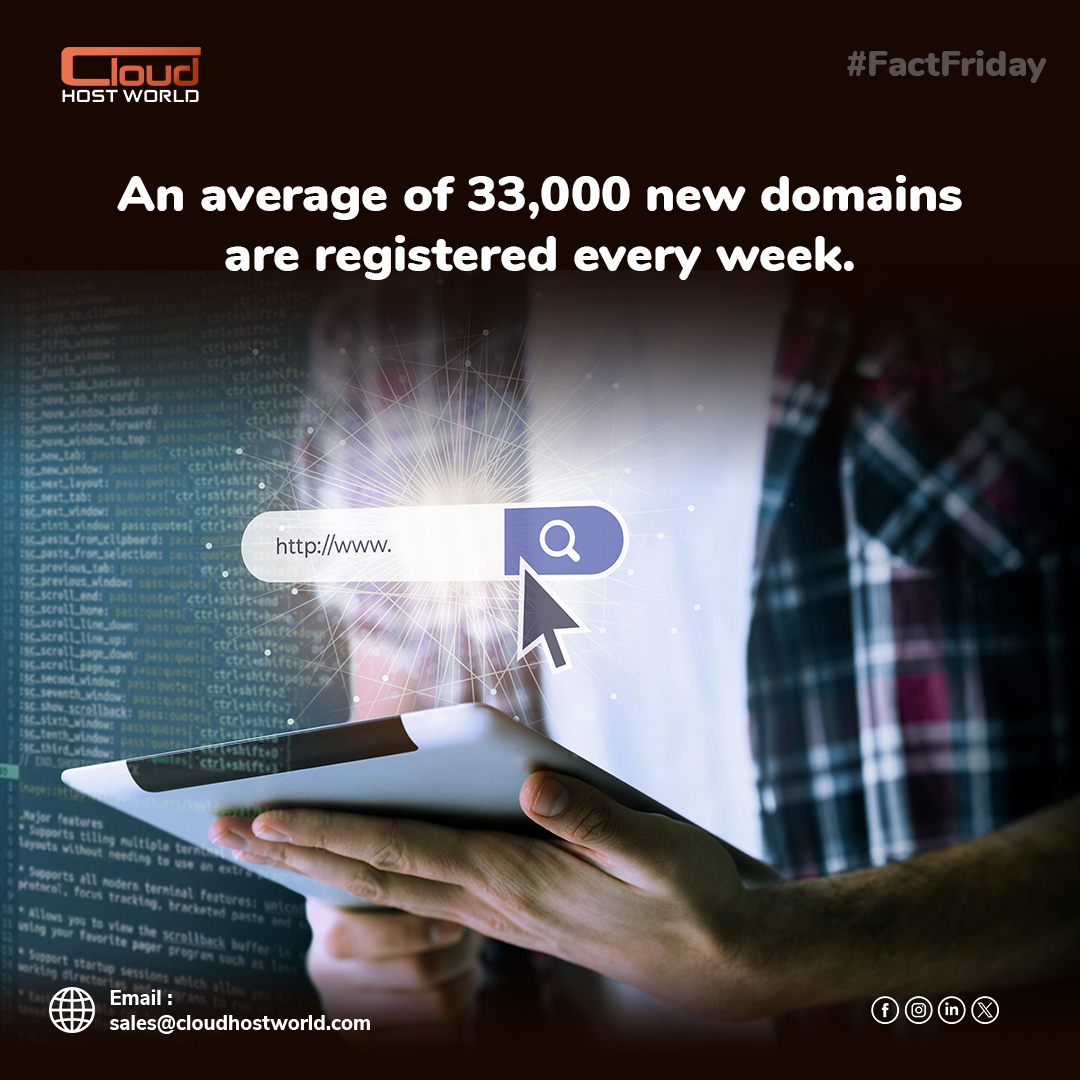 The #internet 🌐 is expanding at an incredible pace. ⏩Every day, 33,000 new #domains are registered ✔️each day!

Follow us 🙋🏻‍♂️ for more incredible facts on WordPress, cloud hosting,☁️and technology!👩🏻‍💻

#FactFriday #fridayfact #domainname #domainname #CloudHostWorld #CloudHosting