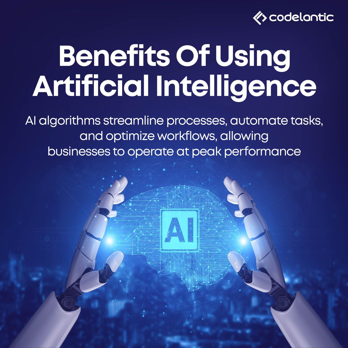 CodeLantic's tweet image. From boosting efficiency to revolutionizing accuracy, #AI is a gamechanger in the digital landscape. Explore the transformative benefits that AI brings to the table. At #Codelantic,