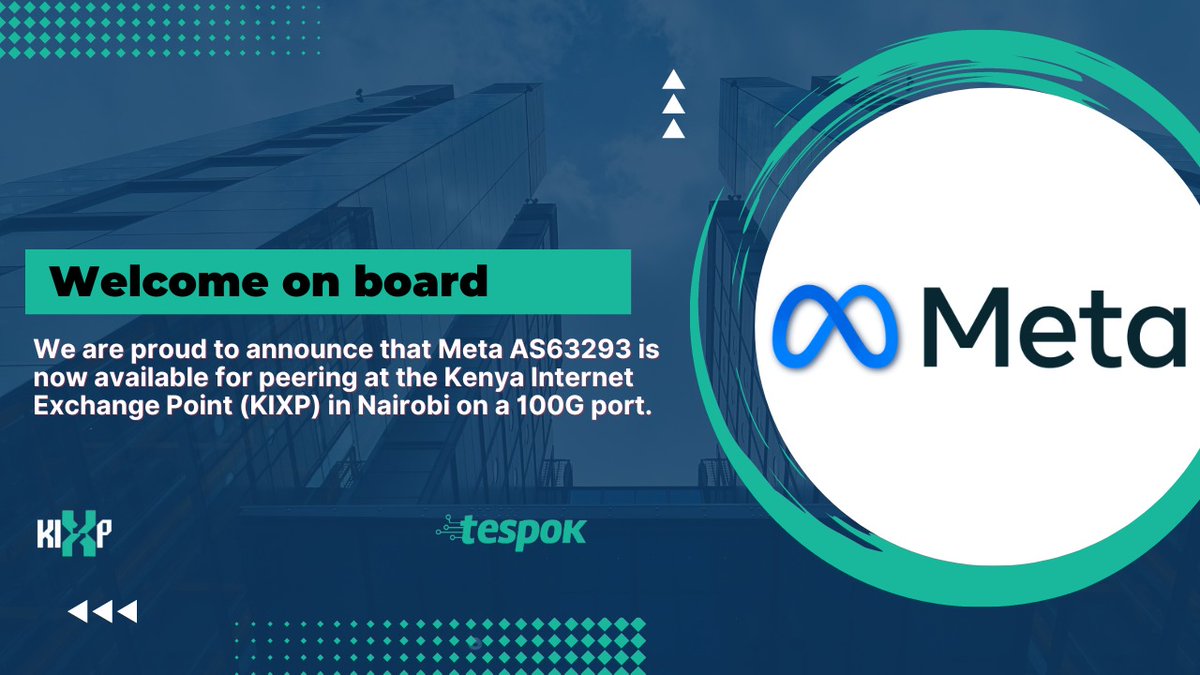 TESPOK_KENYA's tweet photo. Meta is now at KIXP Nairob! Request selective peering via the link https://t.co/rdTDzMf8BI and access Meta at either @africa_dc or @icoloio Data Centers.
Don't miss out!
@Meta #Meta #Peering #internetpeering #KIXP https://t.co/7UXRO5Z8Ki