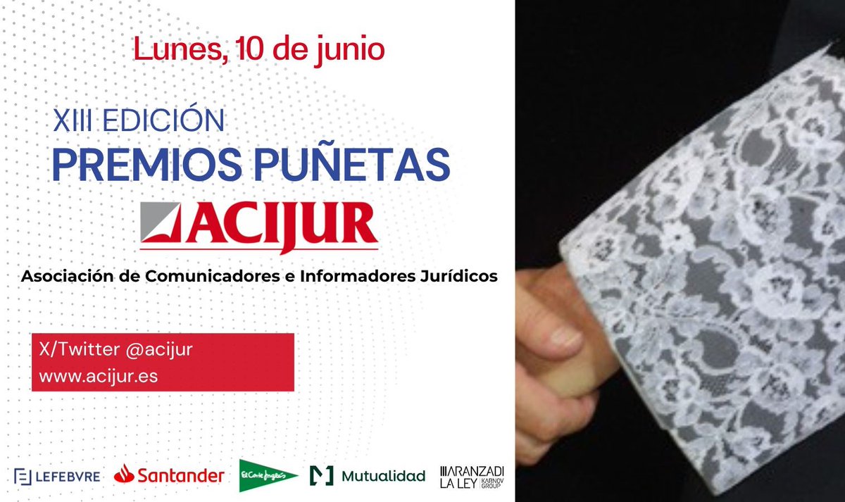📢👉📅 El próximo lunes, 10 de junio, celebramos el acto de entrega de los XIII Premios Puñetas de #ACIJUR, #PremiosPuñetas2023. Cita anual que aúna el sector jurídico y periodístico para reconocer la contribución a la mejora de la #Justicia y del Estado de derecho. 👇🧵 1/7