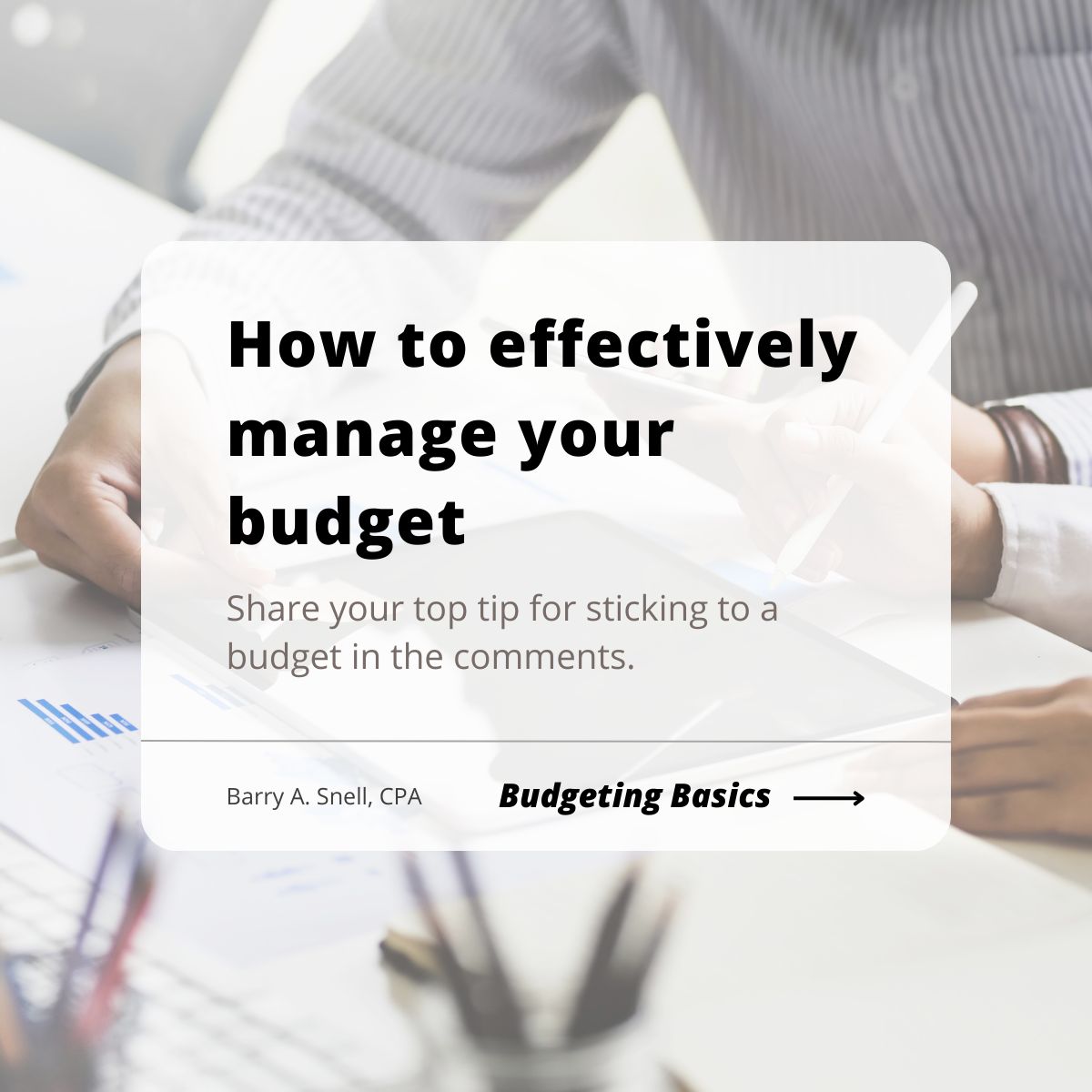 BarrySnell_CPA's tweet photo. Here over to our Facebook and Linkedin pages to see a list of budgeting basics to help you.

By following these basic principles, you can take control of your finances and work towards achieving your financial goals.

#BudgetingBasics #StickToIt #SnellCPA https://t.co/LOy5iZScvw