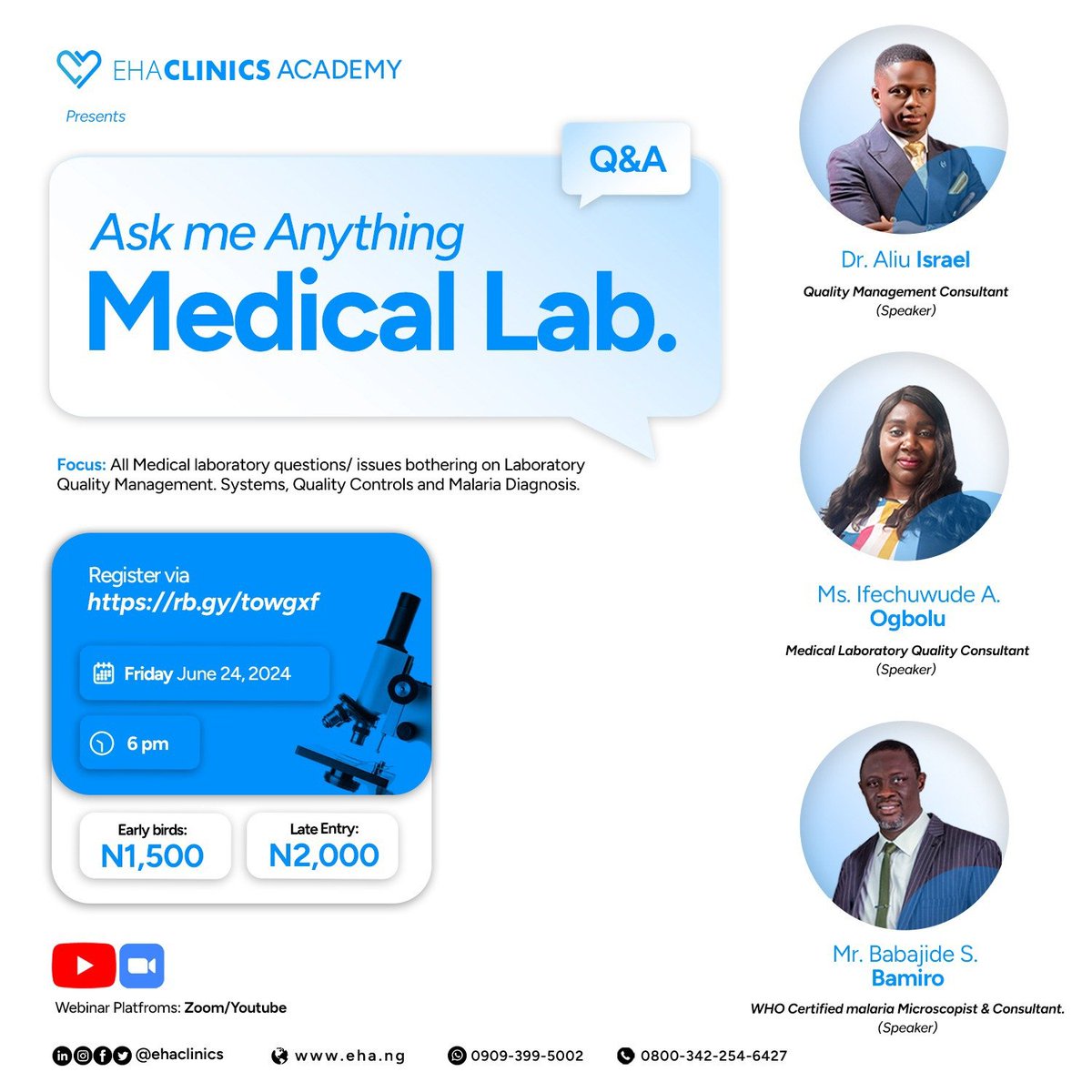 EHAClinics's tweet photo. Join EHA Clinics Academy for the first-of-its-kind digital Medical Lab Q &amp; A session.

Learn tailored solutions from industry leaders to your questions about laboratory management, quality control measures, malaria diagnosis, etc.

Secure your spot.
🔗https://t.co/3ncgZ7xyWh https://t.co/dfVRR2jfqH