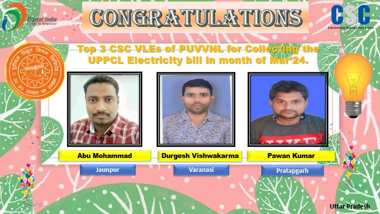 Congratulations💐to the top 3 CSC_VLEs of PUVVNL DISCOM for the highest transaction of electricity bill collections in the month of May'2024. <a href="/CSCegov_/">CSCeGov</a> <a href="/sanjaykrakesh/">Sanjay K Rakesh</a> <a href="/CSCUttarPradesh/">CSC Uttar Pradesh</a> <a href="/aksharmaBharat/">A K Sharma</a> <a href="/isomendratomar/">Dr. Somendra Tomar</a> <a href="/UppclChairman/">CMD UPPCL</a> <a href="/mduppcl/">MDUPPCL</a> <a href="/MVVNLmd/">MVVNL</a> <a href="/rkmishra011/">Rajesh Mishra</a> <a href="/PuVVNLHQ/">Purvanchal Vidyut Vitaran Nigam Limited</a>