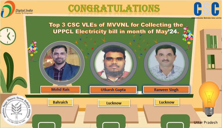 Congratulations💐to the top 3 CSC_VLEs of MVVNL DISCOM for the highest transaction of electricity bill collections in the month  of May'2024. <a href="/CSCegov_/">CSCeGov</a> <a href="/sanjaykrakesh/">Sanjay K Rakesh</a> <a href="/CSCUttarPradesh/">CSC Uttar Pradesh</a> <a href="/aksharmaBharat/">A K Sharma</a> <a href="/isomendratomar/">Dr. Somendra Tomar</a> <a href="/UppclChairman/">CMD UPPCL</a> <a href="/mduppcl/">MDUPPCL</a> <a href="/MVVNLmd/">MVVNL</a> <a href="/rkmishra011/">Rajesh Mishra</a> <a href="/MVVNLHQ/">Madhyanchal Vidyut Vitran Nigam Limited</a>