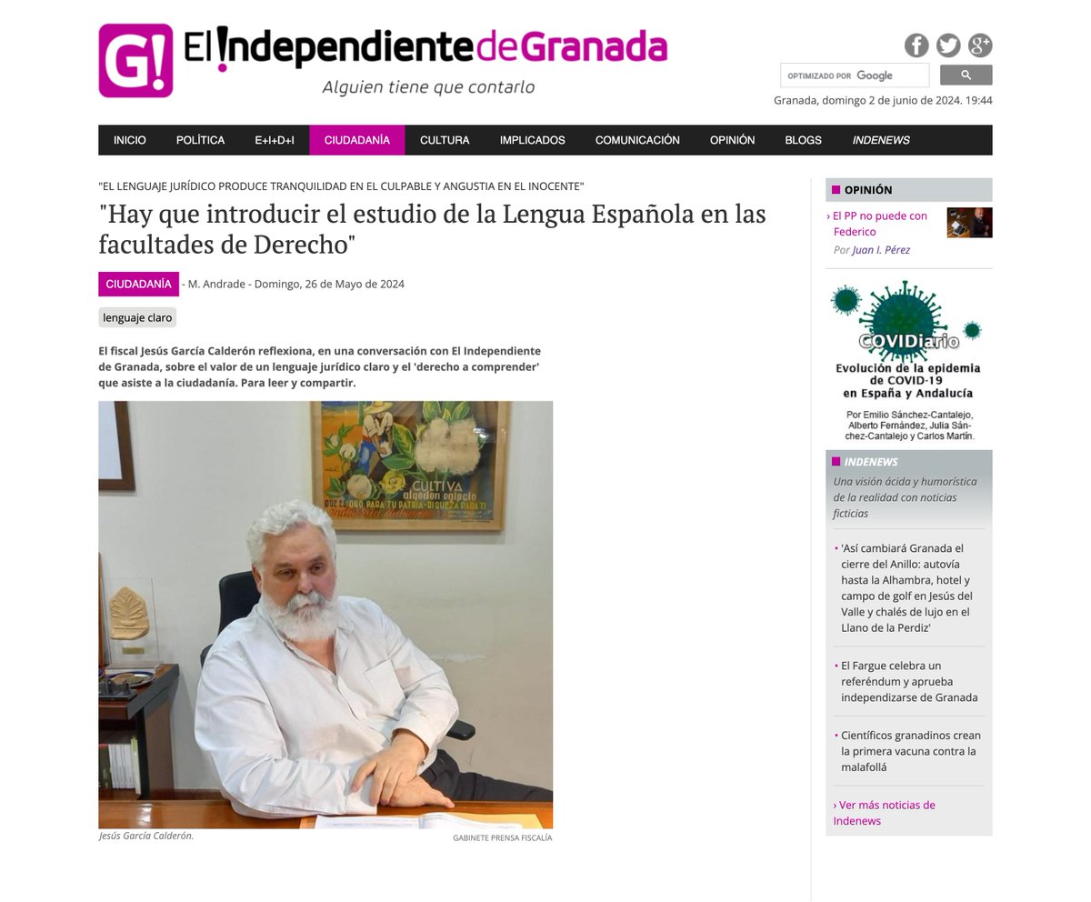 📰Entrevista al fiscal J. García Calderón en <a href="/IndeGranada/">El Independiente de Granada</a> sobre #LenguajeClaro en el ámbito jurídico-administrativo.

Destaca la necesidad de incorporar el estudio del lenguaje y la escritura en la formación de juristas y personal público. 🧑‍🎓✍️

🔗elindependientedegranada.es/ciudadania/hay…
