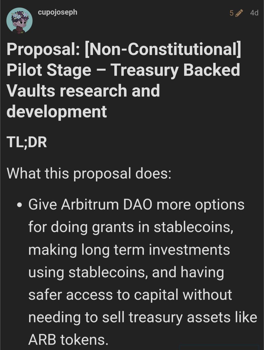CupOJoseph's tweet photo. Arbitrum DAO has millions in income from fees and should be able to get huge, 9+ figure lines of credit easily 

But managing debt positions onchain is too risky &amp; manual for a DAO.
Until now.

Link in next post https://t.co/lPQl55V5Bn