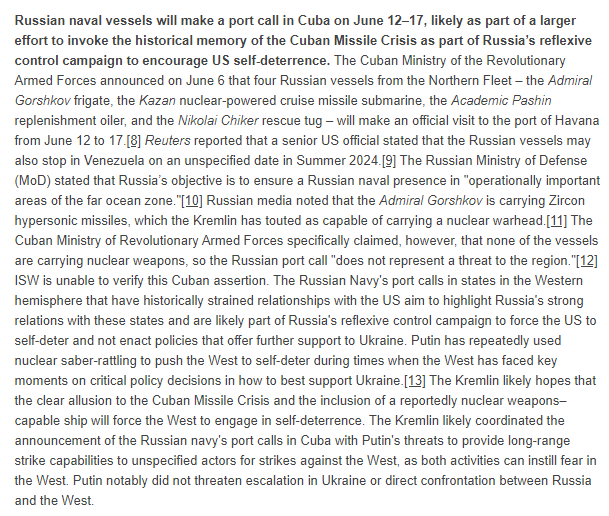Russian naval vessels will make a port call in Cuba on June 12–17, likely as part of a larger effort to invoke the historical memory of the Cuban Missile Crisis as part of Russia’s reflexive control campaign to encourage US self-deterrence.