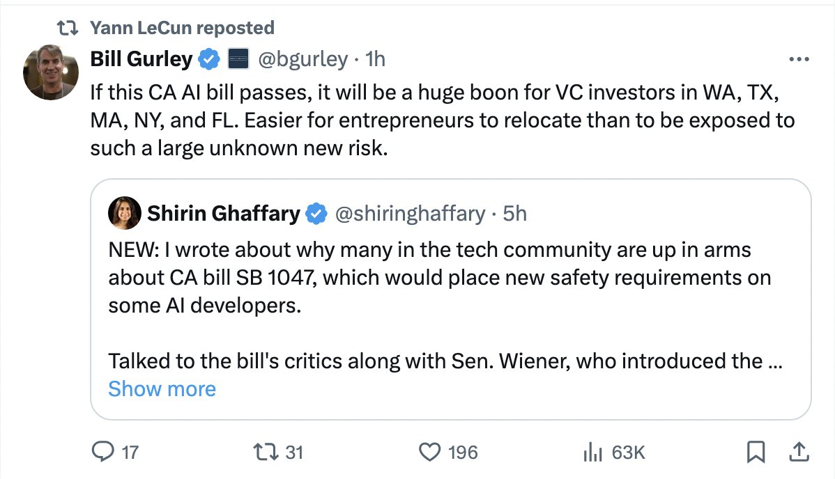 Yann LeCun has been insisting for years that mass casualty events caused by powerful AI systems are a paranoid fantasy that will never happen, and today he's sharing posts about how if AI companies were liable for such mass casualty events that'd be a 'large unknown new risk'.
