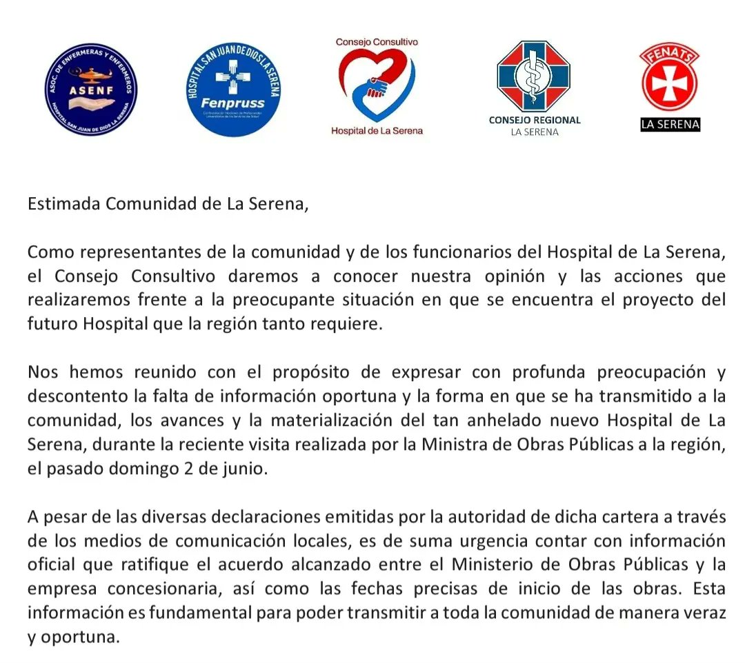 Consultivohls's tweet photo. Comunicado 06 de Junio
Consejo consultivo del Hospital de La Serena
Colmed La Serena
ASENF
FENPRUSS
FENATS
#hospitalaserenaAHORA https://t.co/Jv41j3VsmT