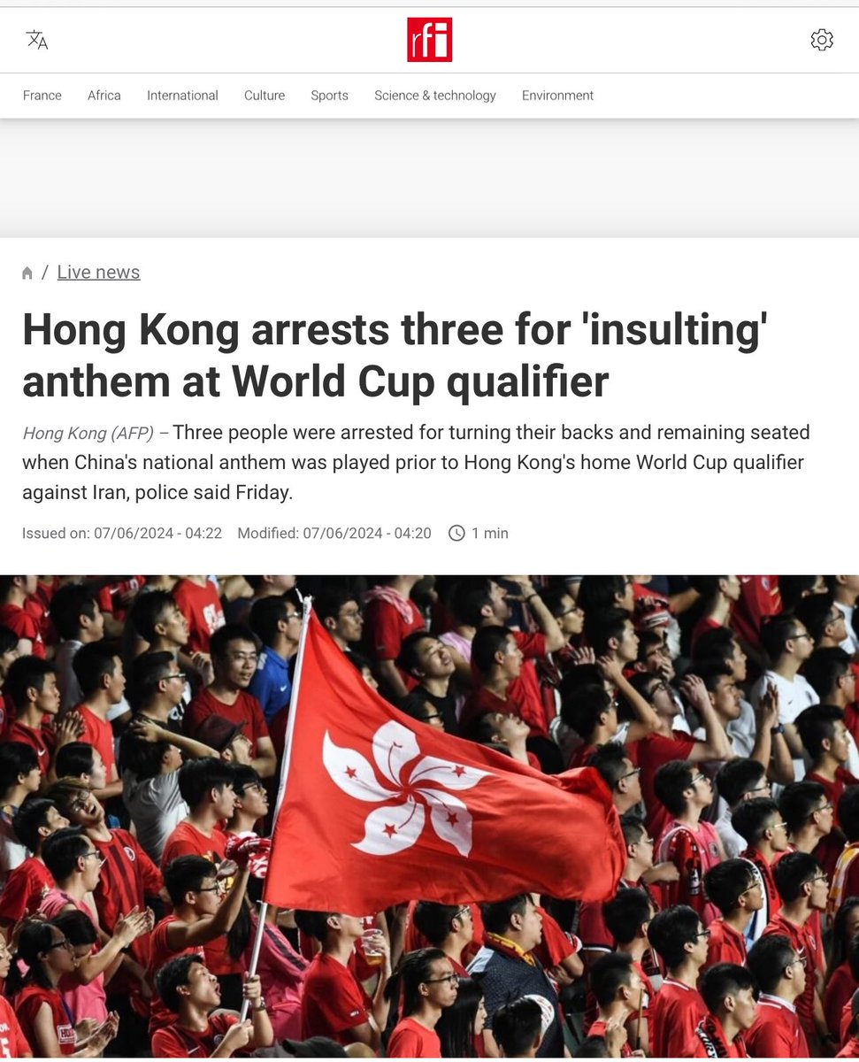 Byron_Wan's tweet photo. June 6: two men and a woman were arrested at the Hong Kong Stadium because they turned their backs toward the pitch and did not stand up for the playing of the national anthem.

If convicted, they face up to three years in jail and a fine of HK$50,000 (US$6,400).

https://t.co/q0M62M9b0e