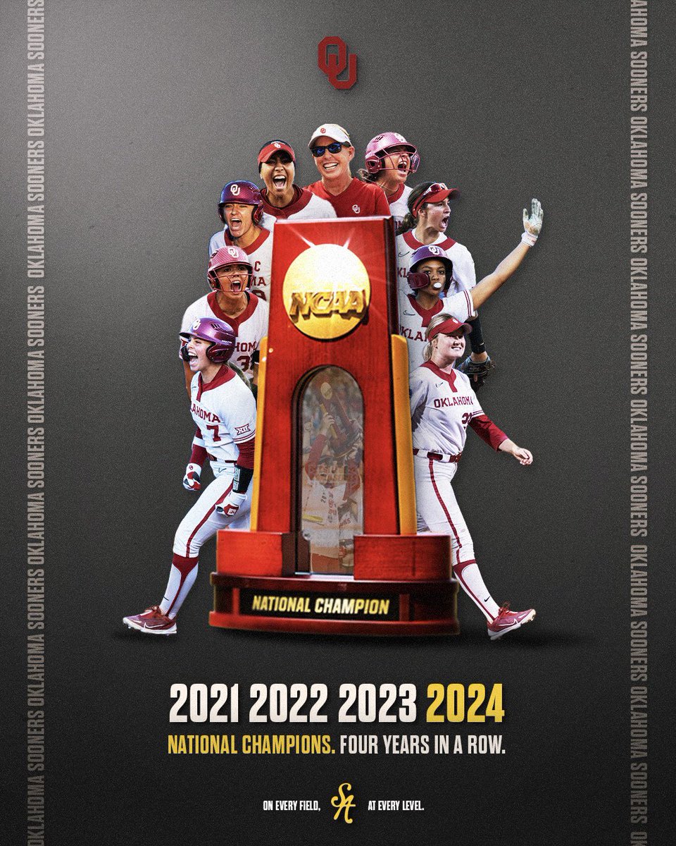 SoftbalAmerica's tweet photo. Four-Peat 𝘾𝙤𝙢𝙥𝙡𝙚𝙩𝙚.

The Oklahoma Sooners are the 2024 @NCAASoftball National Champions 🏆👏

@OU_Softball | #SoftballAmerica https://t.co/sdYq1RWsM4