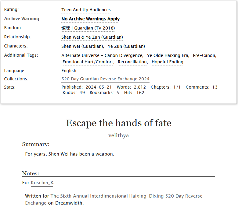 velithya's tweet photo. I'm alive! And last month I posted a fic for #520DayReverseExchange. Happy belated 520!🖤🤍

This is a gift for @/Koschei_B - a short lil fic about Shen Wei and Ye Zun, and an AU on how things might have gone at the end of YOHE.

Fic: https://t.co/h3YUBuxr3v

Please enjoy🥰 https://t.co/BVTU77WtOm