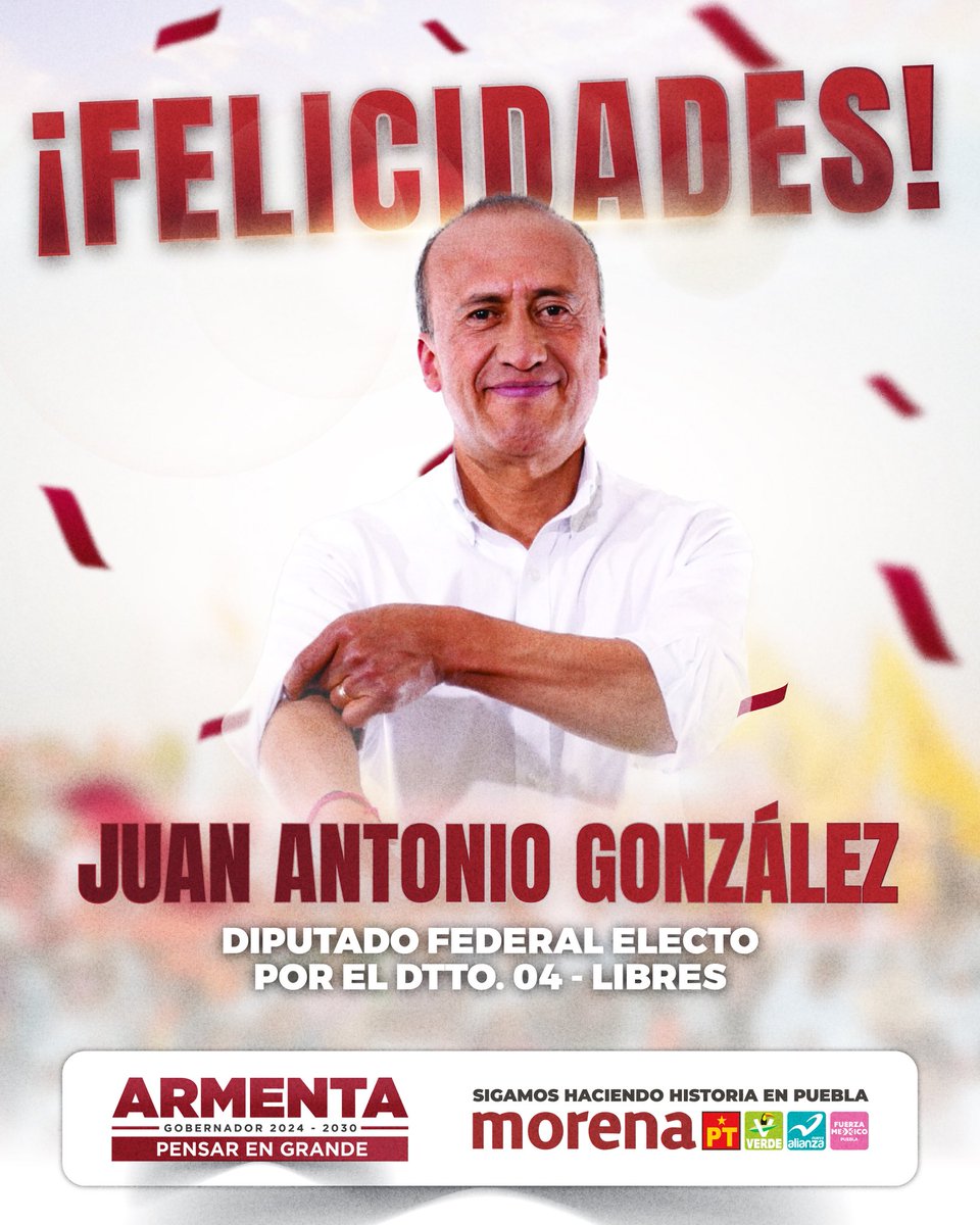 armentapuebla_'s tweet photo. En Puebla seguiremos por el camino de la transformación. Estimado Juan Antonio González, te mando un abrazo y los mejores deseos al frente de la diputación federal por el Dtto. 4 de Libres. 

Nuestro compromiso será continuar con el humanismo mexicano. ¡Muchas felicidades! https://t.co/i59XGD8VbT