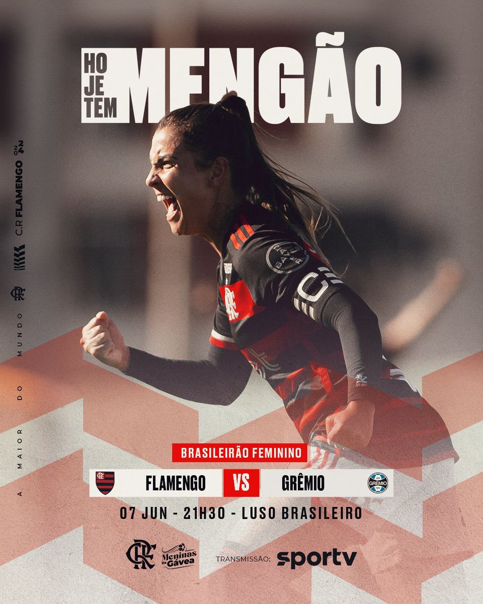 Flamengo's tweet photo. HOJE TEM MENGÃO NO BRASILEIRÃO FEMININO!

Às 21h30, as #MeninasDaGávea encaram o Grêmio, no Luso Brasileiro, com transmissão do SporTV. PRA CIMA! 

🎟️ 1kg de alimento não perecível 

#VamosFlamengo https://t.co/pHsXOLFPaY