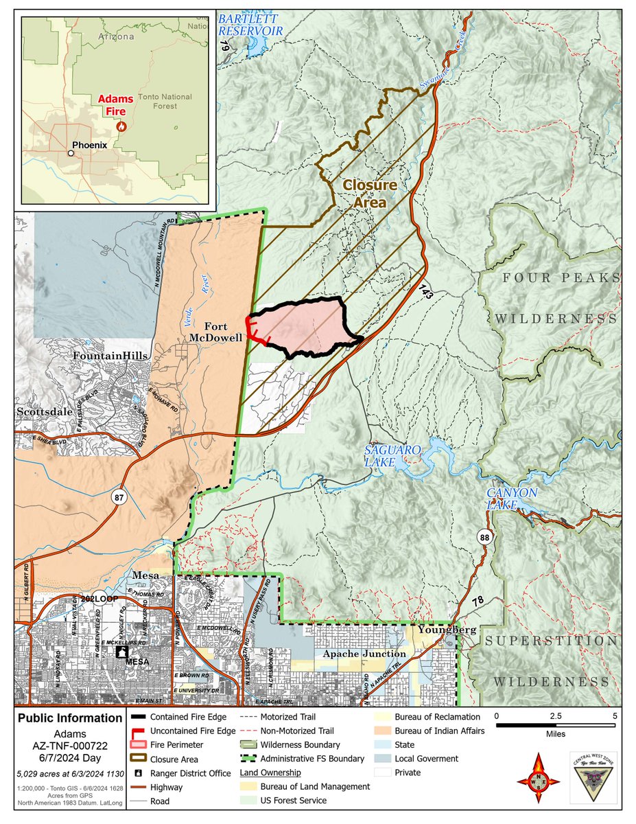 TontoForest's tweet photo. #AdamsFire UPDATE 6/7/24: The fire is 5,029 acres w/ 86% containment. Today, firefighters will continue to patrol control lines and mop up. InciWeb Adams Fire: https://t.co/pqQJEcyQdC………. #TontoNF https://t.co/TOtDos8fQA