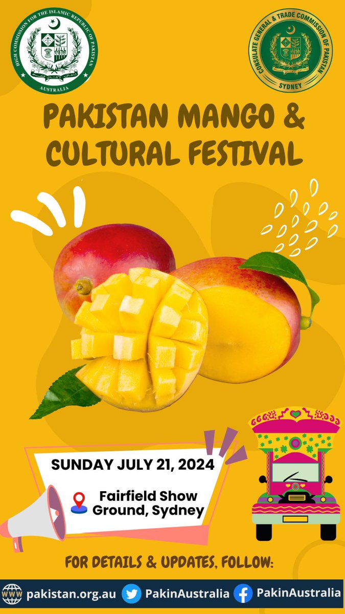 Zhchaudhri's tweet photo. Pakistani🇵🇰 Mangoes🥭@PakinAustralia and @PakinSydney_ are organising Pakistan Mango and Cultural Festival! ✨. Let's celebrate the rich flavours and vibrant culture of Pakistan together! @tdap_official 
#PakistaniMangoes #CulturalFestival #PakistanAustralia 🇵🇰🇦🇺 https://t.co/65tVlhdGI5