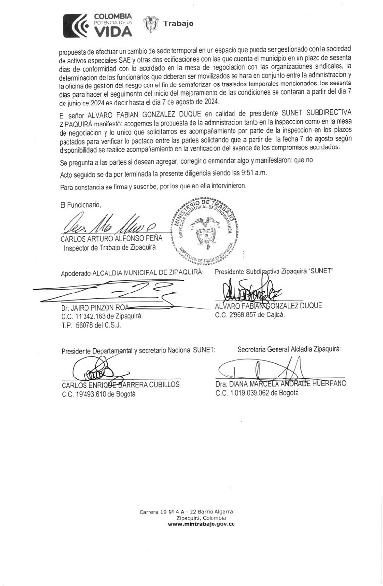 Sunet Zipaquirá (@sunnetzipaquira) on Twitter photo Nuestro trabajo por una infraestructura digna para la prestación del servicio, que resuelva los riesgos y malas condiciones que afrontamos en la <a href="/AlcaldiaZipa/">alcaldia de Zipaquirá</a>, da fruto. La Alcaldía se obliga a intervenir los dos edificios y a un #CambiodeSede temporal en un plazo de 60 días. Nuestro trabajo por una infraestructura digna para la prestación del servicio, que resuelva los riesgos y malas condiciones que afrontamos en la <a href="/AlcaldiaZipa/">alcaldia de Zipaquirá</a>, da fruto. La Alcaldía se obliga a intervenir los dos edificios y a un #CambiodeSede temporal en un plazo de 60 días.