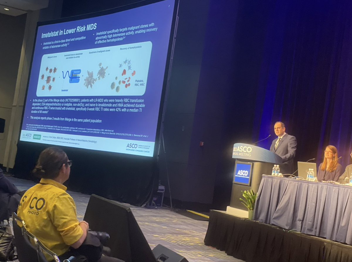 Dr_AmerZeidan's tweet photo. A year ago exactly I stood on the podium at #ASCO23 to present the primary results of the #IMERGE randomized phase 3 study showing efficacy of imetelstat in lower risk #MDSsm &amp; could barely hide my excitement as I have anticipated the potential of this drug to help many patients https://t.co/77ehx6dzYM