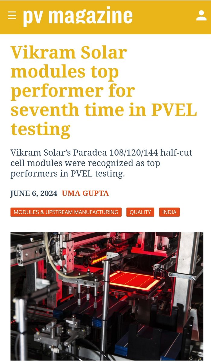 AaraeShruthi's tweet photo. 🚨Vikram Solar modules top performer for seventh time in PVEL testing
✅#VikramSolar, a prominent leader in India's solar module manufacturing industry, has proudly announced its achievement of Top Performer status in #PVEL's esteemed PV Module Reliability Scorecard for 2024. This marks the seventh occasion Vikram Solar has earned this distinction, underscoring the company's strong quality, reliability, and bankability factors, a company release says.
✅The company's PARADEA series, including the 144/120/96 Half Cut cell modules, showcased outstanding performance in the rigorous Product Qualification Program (PQP) conducted by PVEL. The modules were subjected to a series of demanding tests, including Thermal Cycling, Damp Heat, Mechanical Stress Sequence, Hail Stress Sequence, Potential Induced Degradation (PID), Light Induced Degradation plus Light and Elevated Temperature Induced Degradation (LID+LETID), and PAN Performance, all of which has been successfully cleared.
#PakvsUSA
#FinanceBill2024
#modi_ki_gaurantee
#solar
#GreenEnergy
#WAAREE
#RenewableEnergyToken