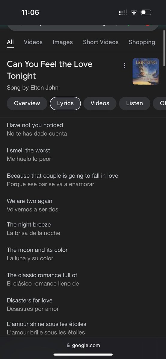 blalockstray's tweet photo. Just left Lion King and we had a debate on a line from “Can You Feel the Love Tonight” glad @Google and their crack AI could clear up, and translate these @eltonofficial lyrics… https://t.co/dh7ZdWpnmc