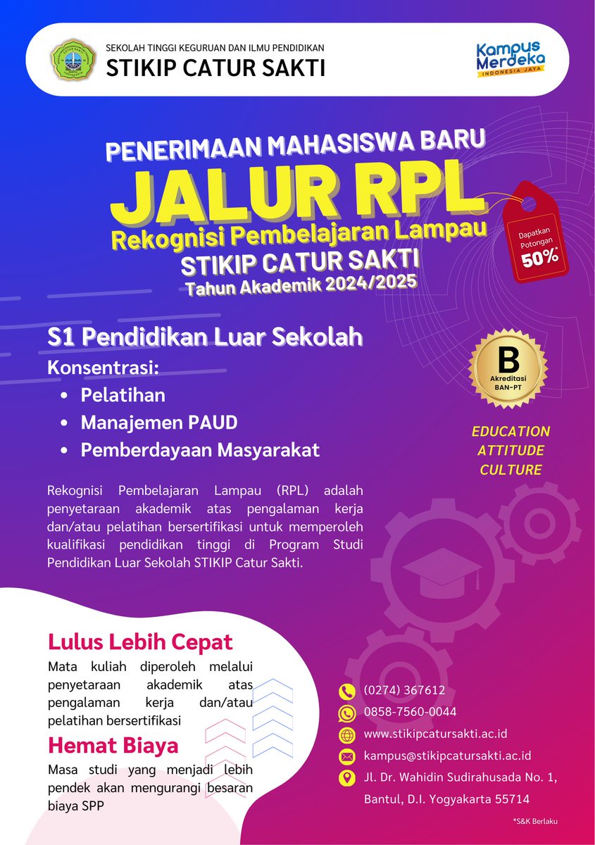 STIKIP_CS_OFC's tweet photo. PMB Jalur RPL
(Rekognisi Pembelajaran Lampau) 
STIKIP Catur Sakti
TA 2024/2025
Prodi S1 Pendidikan Luar Sekolah

Dapatkan Potongan 50%

Gelombang 1: 2 Mei - 26 Juli 2024
Gelombang 2: 29 Juli - 31 Agustus 2024

Info PMB: 085875600044
-
#STIKIPCaturSakti #PendidikanLuarSekolah #RPL https://t.co/8dqv0vRalL