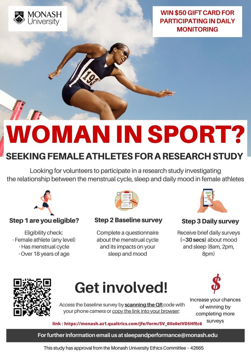 RECRUITMENT OPEN💡‼️ Looking for female athletes (18+) with a menstrual cycle to complete brief online surveys about the impact of the menstrual cycle on sleep and mood in athletes. 👉monash.az1.qualtrics.com/jfe/form/SV_0I…