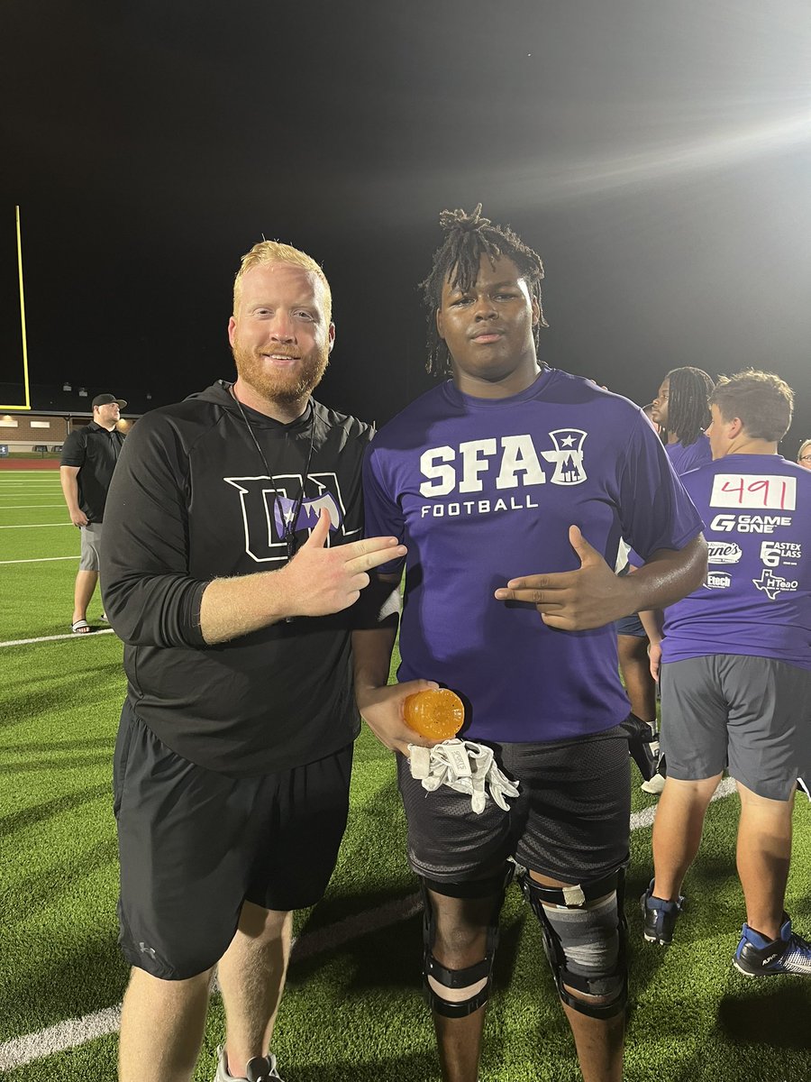 Therealjaydeny's tweet photo. After a great conversation with @CoachCarthel I am blessed to receive my first D1 offer from @SFA_Football #Axeemjacks #pride #campszn @SFACoachGraf @CoachJDCary @CoachShepperd https://t.co/TfUKsueRMP