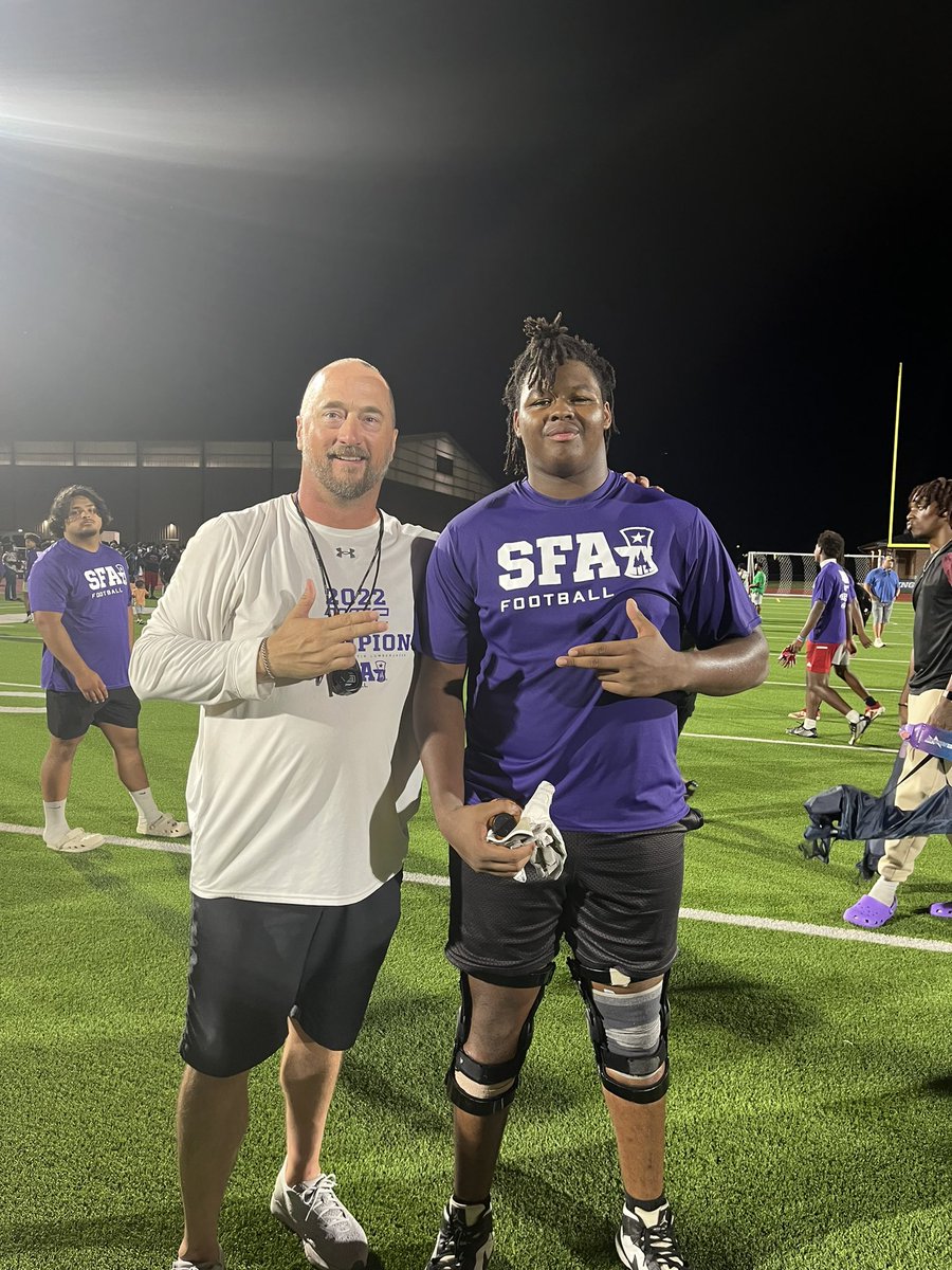Therealjaydeny's tweet photo. After a great conversation with @CoachCarthel I am blessed to receive my first D1 offer from @SFA_Football #Axeemjacks #pride #campszn @SFACoachGraf @CoachJDCary @CoachShepperd https://t.co/TfUKsueRMP