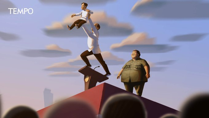 Saya suka sama gambarnya Tempo. Nge-mock pake adegan ikonik di Lion King, lalu menyematkan simbol-simbol kekuasaan sekarang. 

Baju putih, celana hitam termasuk sosok anak yang diusung, berdiri di atas podium khas Indonesia, disaksikan oleh orang banyak, dan juga satu sosok (yg