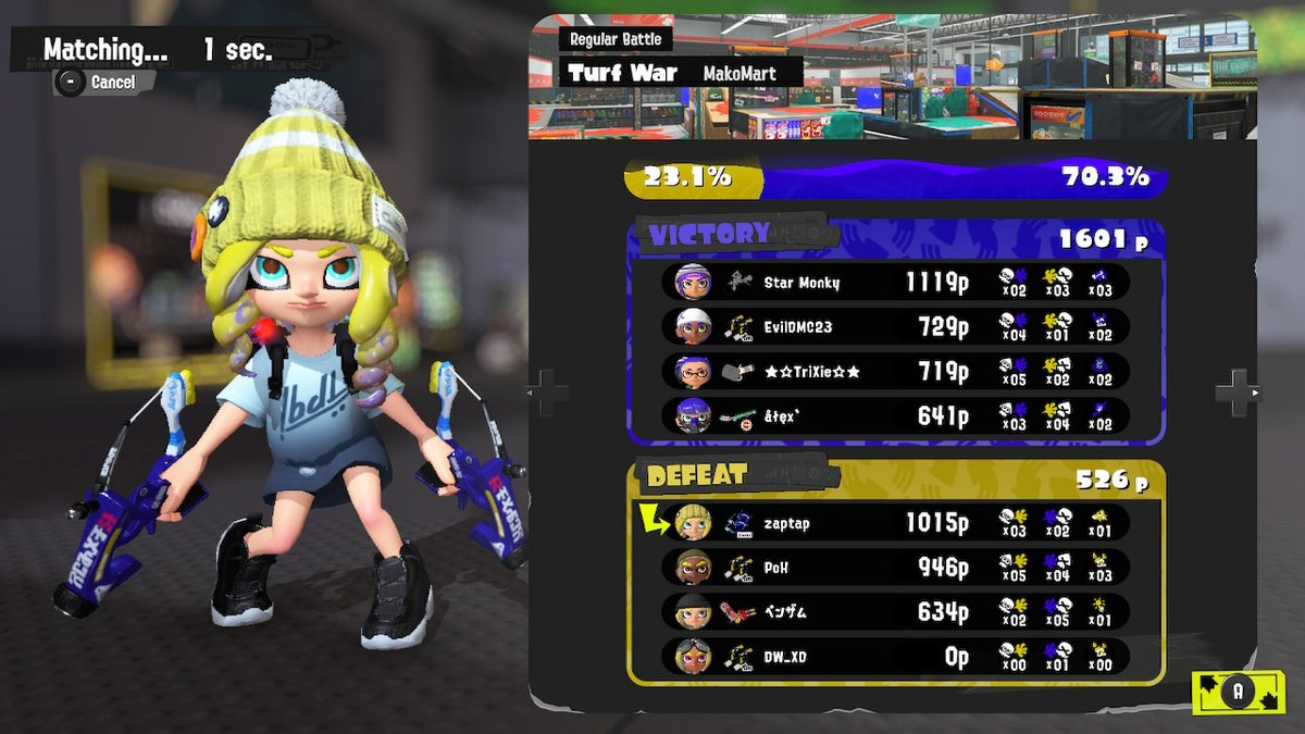 zaptako's tweet photo. hang on that's not a disconnect or their other stats would be "--". they just inked 0p. why. #Splatoon3 #NintendoSwitch https://t.co/QIajP2XtW8