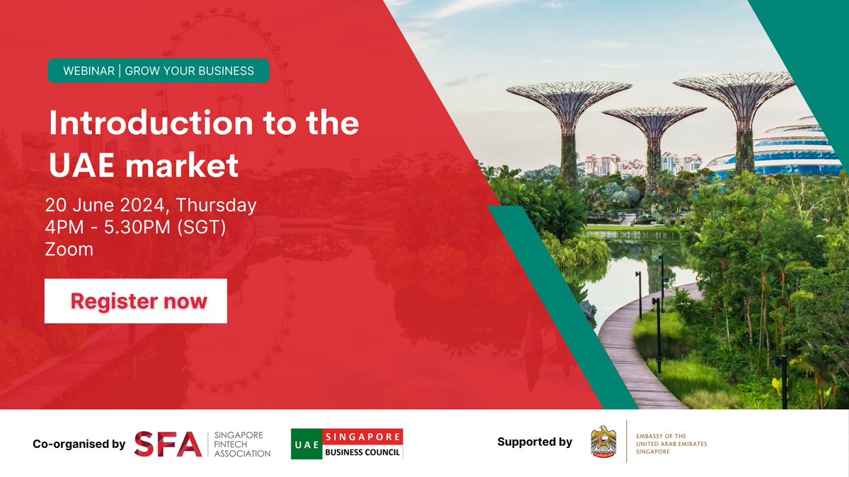 Join us for a webinar in collaboration with @SFA and supported by @uaeembassySGP in an exciting opportunity for SG fintech companies to explore about the UAE market 🌍🇦🇪
Don't miss out! Register here shorturl.at/UvxWN
#Fintech #Webinar #UAE #BusinessExpansion
