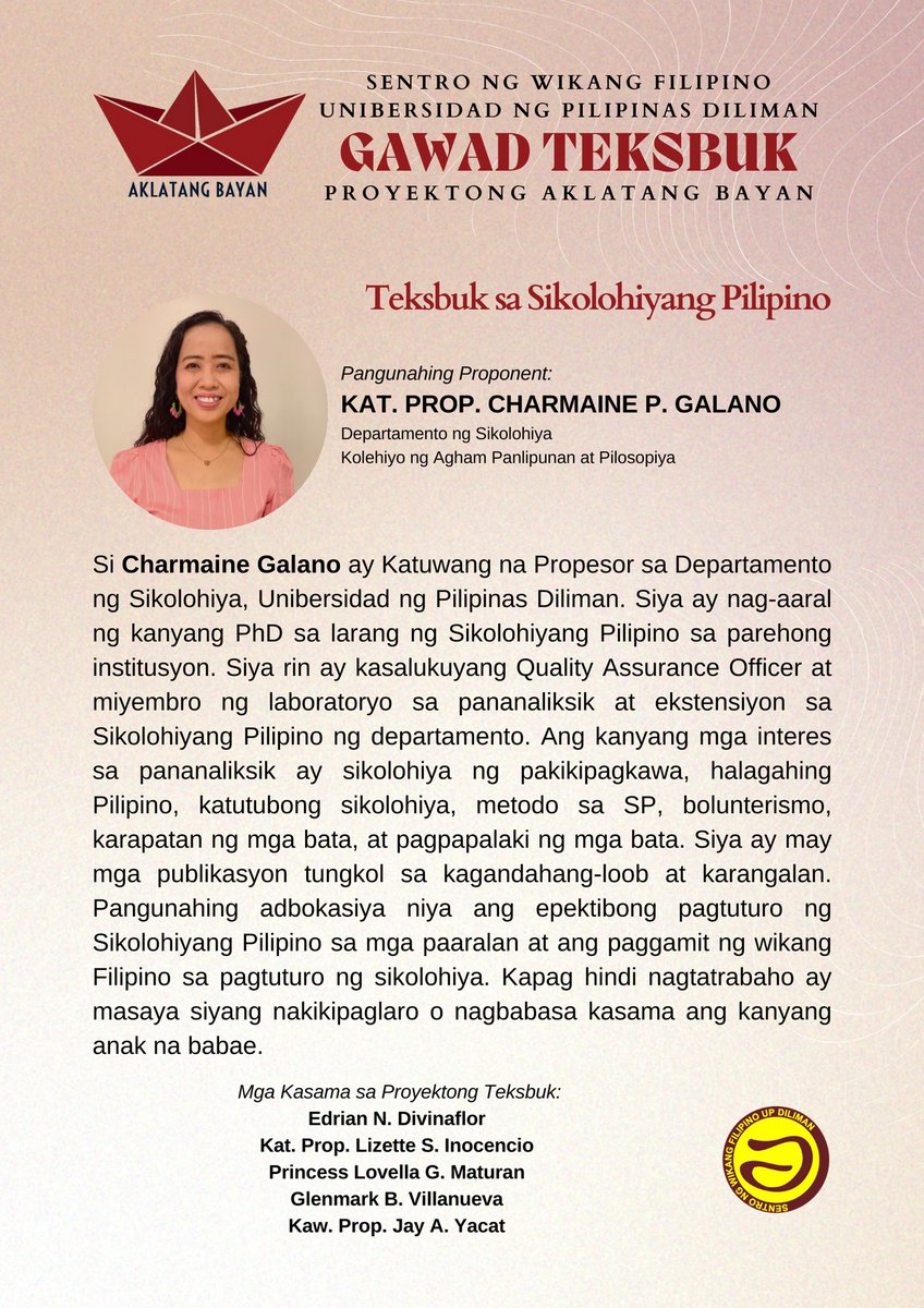 UPDPsych's tweet photo. Pagbati kanila Kat. Prop. Charmaine Galano , Edrian Divinaflor, Kat. Prop. Lizette Inocencio, Princess Lovella Maturan, Glenmark Villanueva, at Kaw. Prop. Jay Yacat para sa kanilang pagkapili sa 𝗦𝗪𝗙-𝗨𝗣𝗗 𝗚𝗮𝘄𝗮𝗱 𝗧𝗲𝗸𝘀𝗯𝘂𝗸! https://t.co/0h76aZKz1C