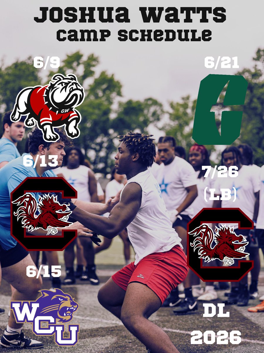 Joshua Watts (@joshuawatts07) on Twitter photo My upcoming camp schedule!
GWU- 6/9
USC- 6/13
WCU- 6/15
UNCC- 6/21
USC (Linebacker)- 7/26
<a href="/MBordeaux4/">Coach Rob 4️⃣</a> <a href="/BerryFootballNC/">Berry Academy Football</a> <a href="/CoachMarche92/">Fitzgerald Marche</a>
@2TraysBigNate <a href="/CoachSterlLuc/">Sterling Lucas</a> <a href="/CoachCochran58/">Brian Cochran</a> <a href="/CoachRyanOsborn/">Coach Oz</a> <a href="/CoachDorsey7/">Wayne Dorsey</a> <a href="/Therealcoachaj/">Adrian “Coach AJ” Hurst</a> <a href="/Bigstew9/">Anwar Stewart</a> <a href="/CoachWhiteFB/">Brad White</a> <a href="/pepman704/">Matt Morrow</a> <a href="/CoachJermAustin/">Coach Jeremy Austin</a> My upcoming camp schedule!
GWU- 6/9
USC- 6/13
WCU- 6/15
UNCC- 6/21
USC (Linebacker)- 7/26
<a href="/MBordeaux4/">Coach Rob 4️⃣</a> <a href="/BerryFootballNC/">Berry Academy Football</a> <a href="/CoachMarche92/">Fitzgerald Marche</a>
@2TraysBigNate <a href="/CoachSterlLuc/">Sterling Lucas</a> <a href="/CoachCochran58/">Brian Cochran</a> <a href="/CoachRyanOsborn/">Coach Oz</a> <a href="/CoachDorsey7/">Wayne Dorsey</a> <a href="/Therealcoachaj/">Adrian “Coach AJ” Hurst</a> <a href="/Bigstew9/">Anwar Stewart</a> <a href="/CoachWhiteFB/">Brad White</a> <a href="/pepman704/">Matt Morrow</a> <a href="/CoachJermAustin/">Coach Jeremy Austin</a>