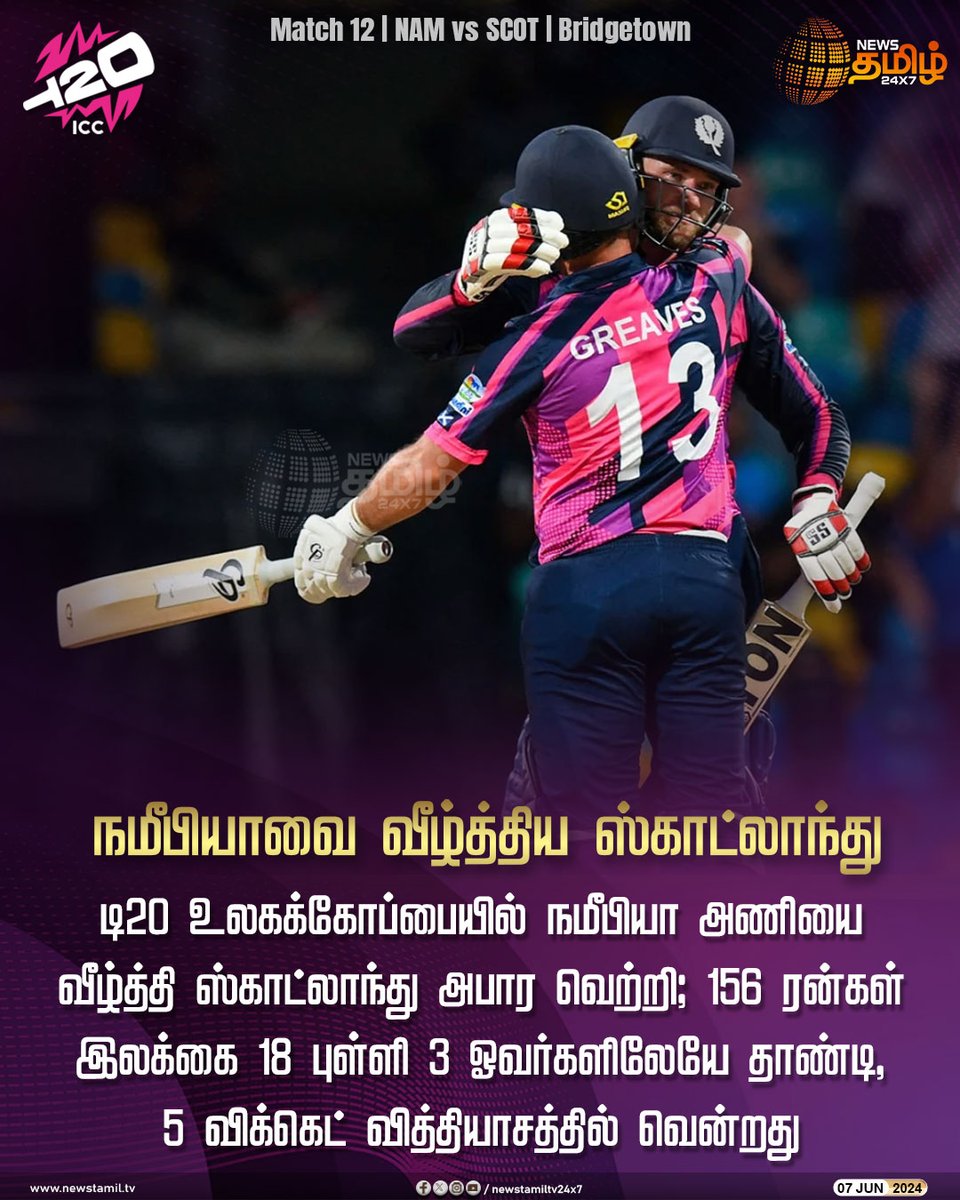 NewsTamilTV24x7's tweet photo. #NewsUpdate | நமீபியாவை வீழ்த்திய ஸ்காட்லாந்து
Click Link: https://t.co/5r0UhYVc4V
#NewsTamil24x7 | #T20 | #T20WorldCup | #NAMvsSCOT https://t.co/eFIBz2P4sa