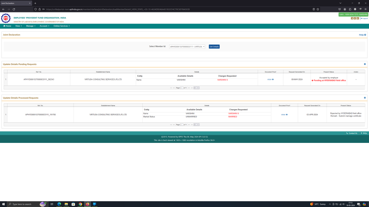 santhoshson601's tweet photo. Dear @socialepfo @epfohyderabad1 :
We are waiting for a month for my wife JD to approve. It is really urgent. Companies wont onboard if JD is not approved. We are struggling here to gain your attention. Grie: APHYD/E/2024/17284 UAN:100983547272 https://t.co/fJVar4HmIF