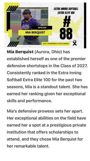 Mia Berquist (@berquistmia) on Twitter photo ⚡️Thank you <a href="/ExtraInningSB/">EXTRA INNING SOFTBALL</a> for considering me one of the top 100 infielders of 2027 class!⚡️ ⚡️Thank you <a href="/ExtraInningSB/">EXTRA INNING SOFTBALL</a> for considering me one of the top 100 infielders of 2027 class!⚡️