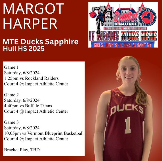 Margot Harper (@margotharperr) on Twitter photo Excited to play at the Gym Rat Tournament in Albany this weekend with my <a href="/MTEliteDucks/">MT Elite Ducks</a> Select Sapphire team! Coaches, check out my schedule! Excited to play at the Gym Rat Tournament in Albany this weekend with my <a href="/MTEliteDucks/">MT Elite Ducks</a> Select Sapphire team! Coaches, check out my schedule!