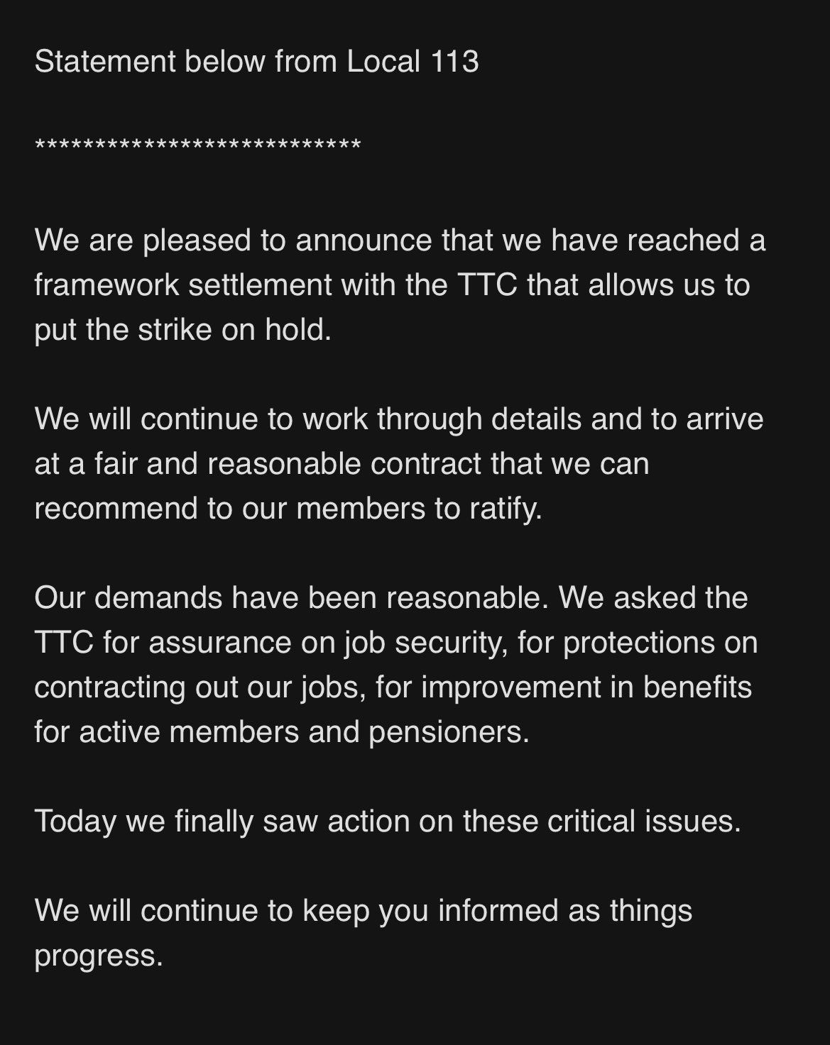 Tina Yazdani on X: &ldquo;#BREAKING TTC strike has been averted. https 