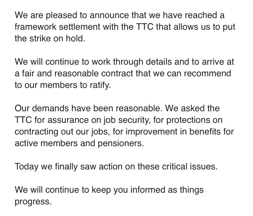 #BREAKING: <a href="/ATUlocal113/">ATU Local 113</a> announces it has reached a framework settlement with the TTC, which means a strike has now been put on hold. <a href="/globalnewsto/">Global News Toronto</a> #TTC #transitstrike