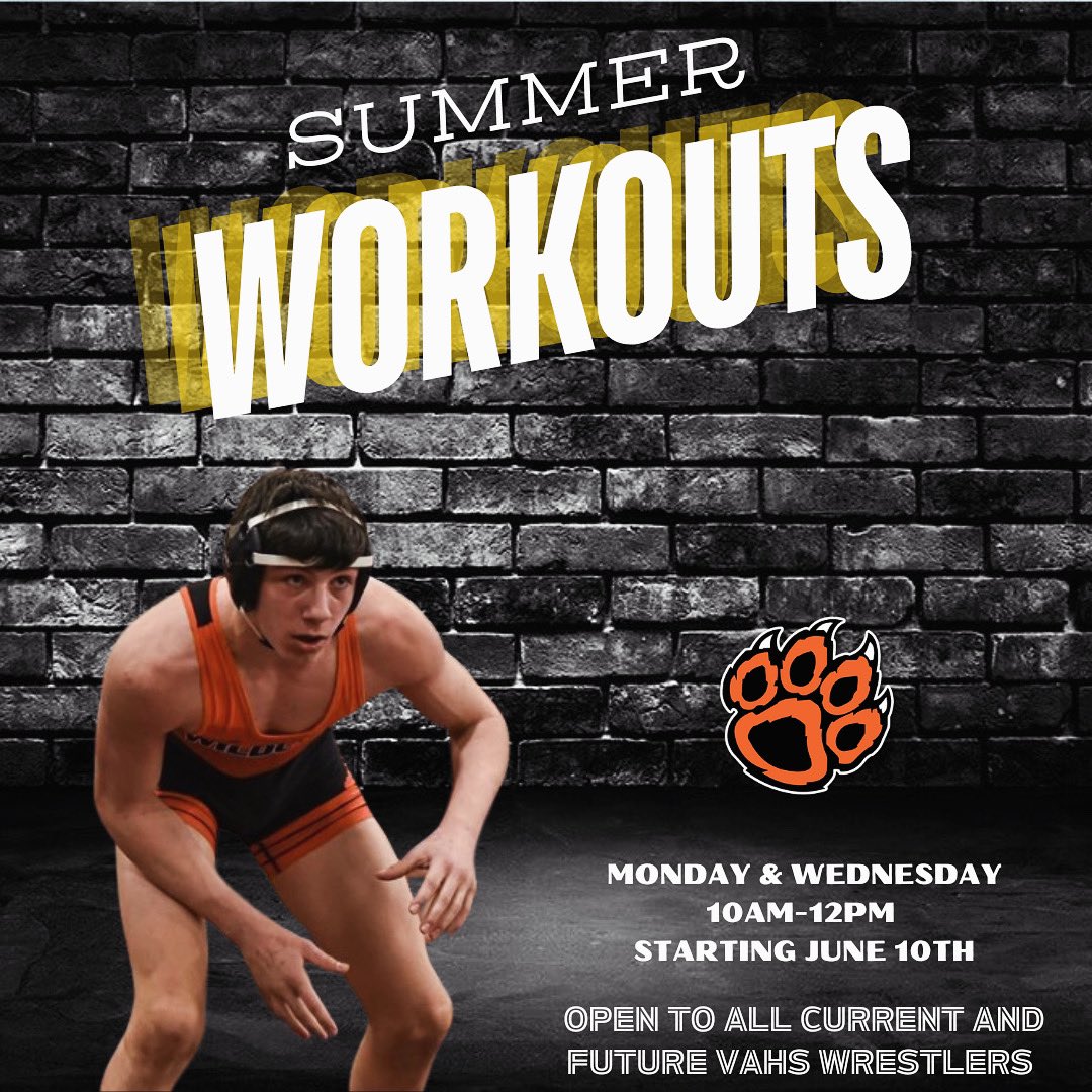 VAHS_Wrestling's tweet photo. Summer wrestling workouts for all current & future Girl & Boy VAHS wrestlers. This is a great chance to put that extra work in the off season or learn a new sport without the pressure of tryouts.
Hard work is a choice with the greatest reward!๐
#wetrain @VAHSathletics https://t.co/may7yuJbQI