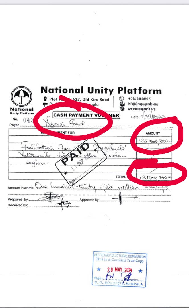 CKMugerwa's tweet photo. @NyanziFredd @HEBobiwine @DavidLRubongoya let's be clear on this,135 million to facilitate a Party President !!!!!. And a brother signed for the millions!!!Oh God. 
#NUP_Papers
 #FraudAtNUP. @BwoweIvan @SpireJim @AAgather @SimonKaggwaNjal https://t.co/7wMNww7cR0