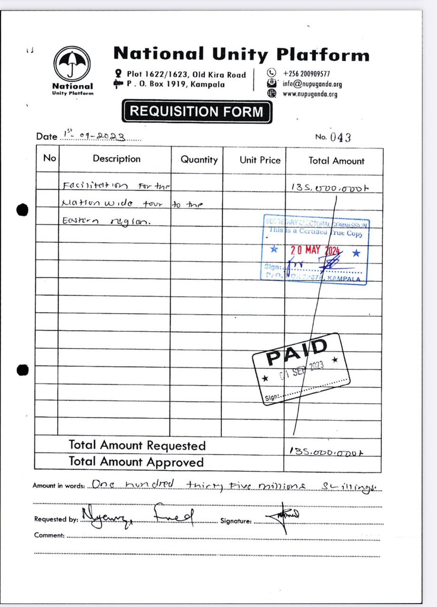 CKMugerwa's tweet photo. @NyanziFredd @HEBobiwine @DavidLRubongoya let's be clear on this,135 million to facilitate a Party President !!!!!. And a brother signed for the millions!!!Oh God. 
#NUP_Papers
 #FraudAtNUP. @BwoweIvan @SpireJim @AAgather @SimonKaggwaNjal https://t.co/7wMNww7cR0