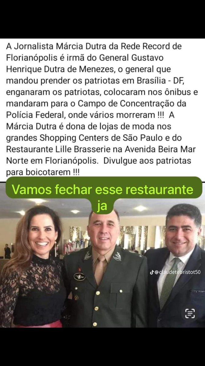 Campanha do Boicote ao restaurante Lille Brasserie, da irmã do Gen Dutra que prendeu os 1500 Patriotas em Brasília!