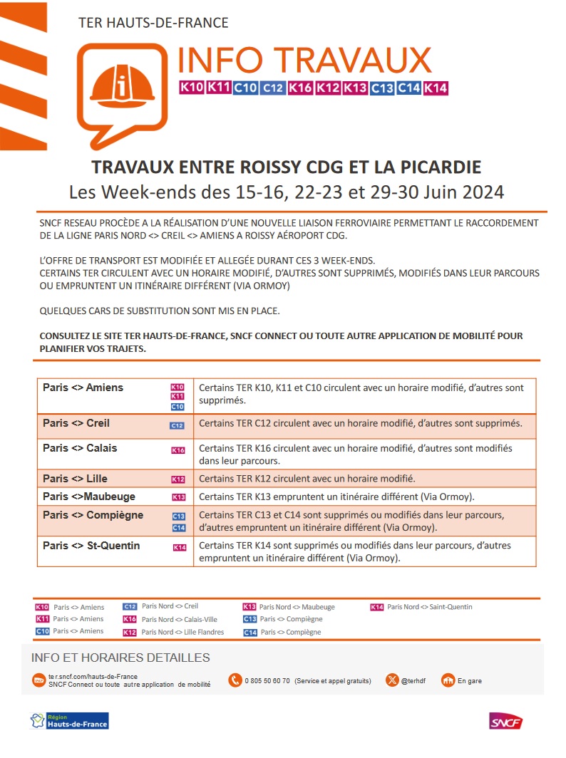 TERHDF's tweet photo. 🚧 Roissy-Picardie

Des travaux sont prévus les week-ends des 15-16, 22-23 et 29-30 juin 2024. L'offre sera modifiée et allégée sur les TER K10, K11, C10, C11, C12, C13, C14, K12, K13, et K14. Quelques cars de substitution seront mis en place.

ℹ  https://t.co/mqXpN4BWma https://t.co/HIewZ0fuMr